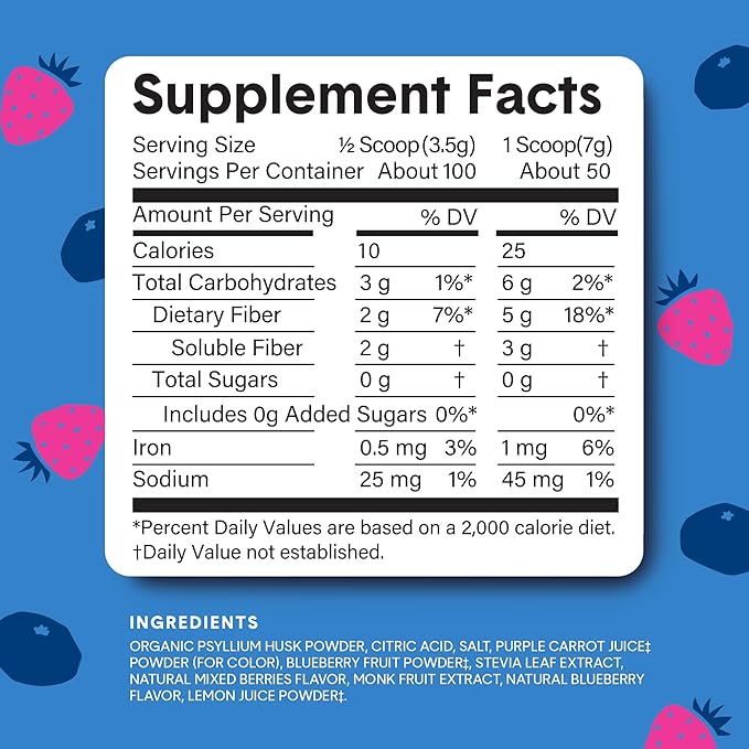 Bellway Super Fiber Powder + Fruit, Sugar Free Organic Psyllium Husk Powder Fiber Supplement for Regularity, Bloating Relief & Digestive Health, Plant-Based, Mixed Berry (50 Servings)