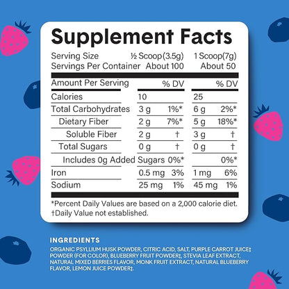Bellway Super Fiber Powder + Fruit, Sugar Free Organic Psyllium Husk Powder Fiber Supplement for Regularity, Bloating Relief & Digestive Health, Plant-Based, Mixed Berry (50 Servings)