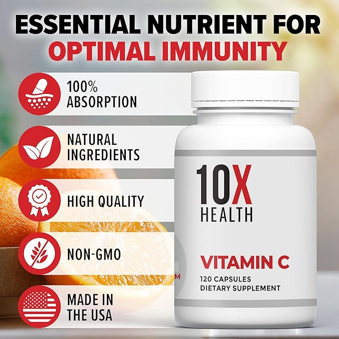 10X Health Vitamin C 1000mg - 120 Capsules Vitamin C, High Dose Ascorbic Acid for Immunity, Antioxidant Protection, Collagen & Tissue Support for Adults - VitaminC 1000 mg - Non-GMO, Gluten-Free