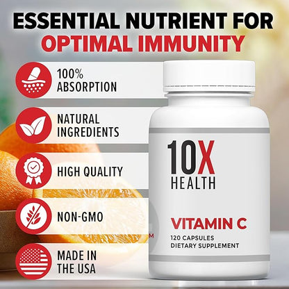 10X Health Vitamin C 1000mg - 120 Capsules Vitamin C, High Dose Ascorbic Acid for Immunity, Antioxidant Protection, Collagen & Tissue Support for Adults - VitaminC 1000 mg - Non-GMO, Gluten-Free