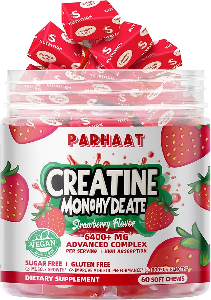 Creatine Monohydrate Chews Complex 6400mg for Men & Women -Advanced Formula W/L-Taurine + Vitamin B12, Sugar Free Chewable Supplement,60 Strawberry Softchews