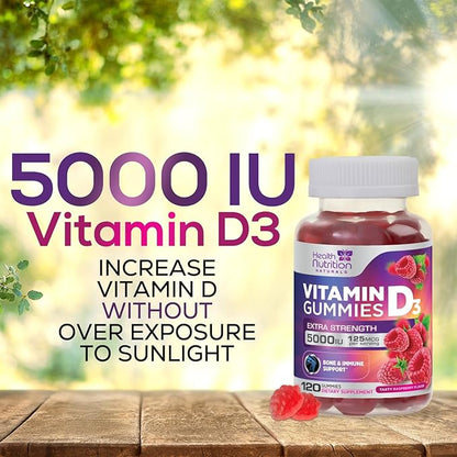 Vitamin D3 Gummies 5000 IU (125 mcg) - Extra Strength Immune Support, Bone, Teeth and Muscle Vitamin D Gummy Dietary Supplement, Nature's Berry D Vitamin Supplement, Raspberry, Non-GMO - 120 Gummies