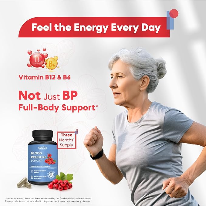 Blood Pressure Support Supplement – Natural Hawthorn, Hibiscus, Garlic & Olive Leaf – Heart Health & Circulation Support – B12, B6 – Vegan, Non-GMO – 90 Caps (3-Month Supply)