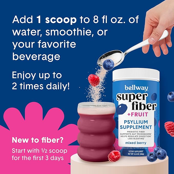 Bellway Super Fiber Powder + Fruit, Sugar Free Organic Psyllium Husk Powder Fiber Supplement for Regularity, Bloating Relief & Digestive Health, Plant-Based, Mixed Berry (50 Servings)