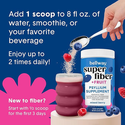 Bellway Super Fiber Powder + Fruit, Sugar Free Organic Psyllium Husk Powder Fiber Supplement for Regularity, Bloating Relief & Digestive Health, Plant-Based, Mixed Berry (50 Servings)