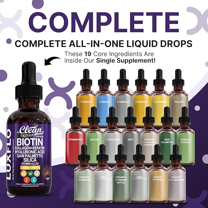 Biotin Liquid Drops Collagen Keratin Hyaluronic Acid Saw Palmetto for Hair Skin and Nails Silica Vitamin A C Vitamin D Bamboo Turmeric Zinc Folate Magnesium Horsetail LuxGlo by Clean Nutra