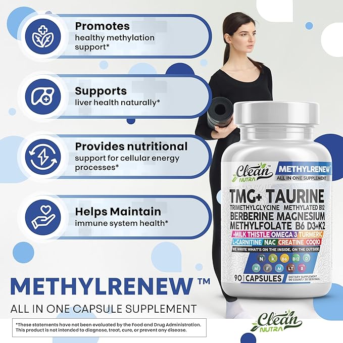 Clean Nutra TMG Trimethylglycine Supplement 1,000mg + Taurine Methylated Multivitamin for Women Men B6 B12 D3 K2 Magnesium Methylfolate Milk Thistle Omega 3 NAC L Carnitine COQ10 B Complex Vitamin
