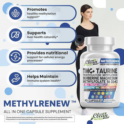 Clean Nutra TMG Trimethylglycine Supplement 1,000mg + Taurine Methylated Multivitamin for Women Men B6 B12 D3 K2 Magnesium Methylfolate Milk Thistle Omega 3 NAC L Carnitine COQ10 B Complex Vitamin