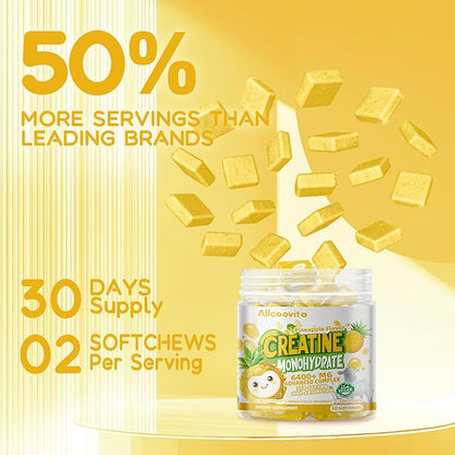 Creatine Monohydrate Chews Complex 6400mg for Men & Women -Advanced Formula W/L-Taurine + Vitamin B12, Sugar Free Chewable Supplement,60 Pineapple Softchews