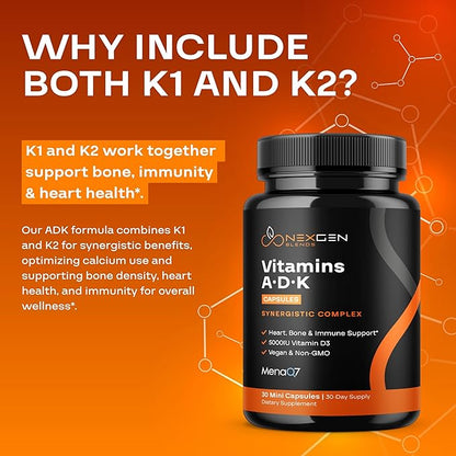 High Absorption ADK Vitamin Supplement - Vegan Vitamin D3 K2 MK7 & A for Calcium Regulation Plus Bone Heart Thyroid & Immune Support - Vitamin ADK with 5000IU D3 Non GMO & Gluten Free (1 Months)