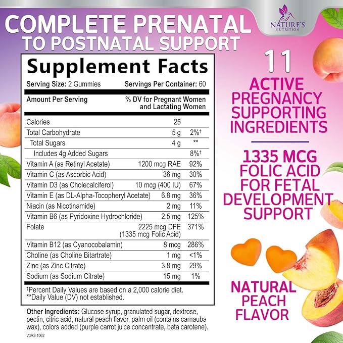 Prenatal Vitamins for Women Gummies, Folic Acid 1335mcg Pregnancy Vitamins for Fetal Support, Vitamin A, C, D3, B12, B6 & Folate, Prenatal Multivitamin Gummy for Pregnant & Nursing Women - 120 Gummies