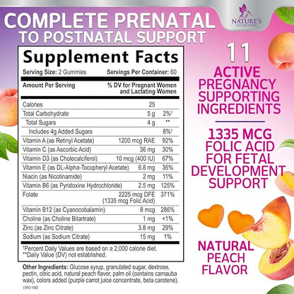 Prenatal Vitamins for Women Gummies, Folic Acid 1335mcg Pregnancy Vitamins for Fetal Support, Vitamin A, C, D3, B12, B6 & Folate, Prenatal Multivitamin Gummy for Pregnant & Nursing Women - 120 Gummies