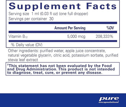 Pure Encapsulations B12 5,000 Liquid - Vitamin B12 Methylcobalamin Supplement to Support Energy, Nerve Health, Cognitive Function & Blood Cells* - Liquid Drops - 1 Fl Oz
