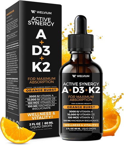 Liquid Vitamin D3 K2 Magnesium Liposomal Drops with 10000 IU Cholecalciferol, MK7, Vitamin A, Calcium, MCT Oil, Organic Sunflower Lecithin for Thyroid Immune Bone Heart Skin ADK Supplement