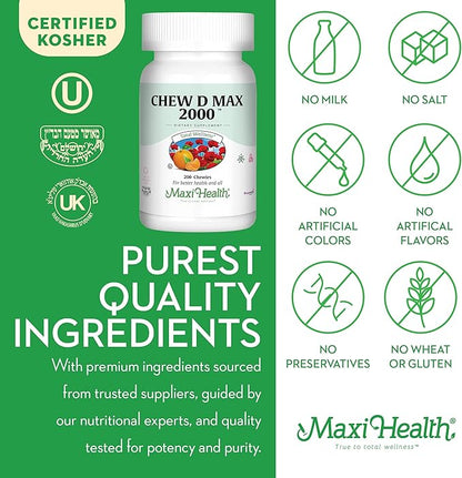 Maxi Health Chewable Vitamin D3 2000 IU Supplement - Delicious Natural Bubble Gum Flavor - Supports Calcium Absorption, Immune and Bone Health in Adult Women, Men, Children & Toddlers - 200 Chews