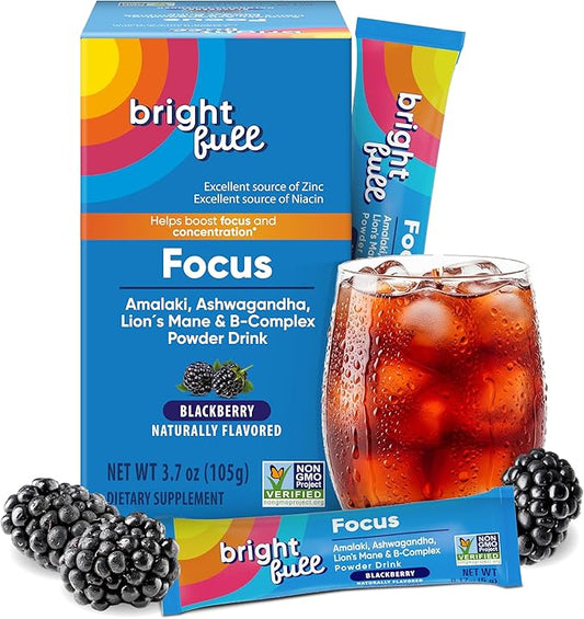 Focus Sugar Free Dietary Supplement Drink Mix with Ashwagandha, Lion’s Mane, B Vitamins B1 B2 B3 B5 B6 B12, for Cognitive Performance & Clarity BlackBerry, 21 Day Supply