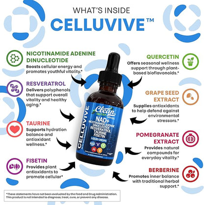 Clean Nutra NAD Liquid Supplement Drops Resveratrol Polyphenols Liposomal Taurine Fisetin Grape Seed Extract Japanese Knotweed Fo Ti Anti Aging NAD+ Nicotinamide Adenine Dinucleotide for Women & Men