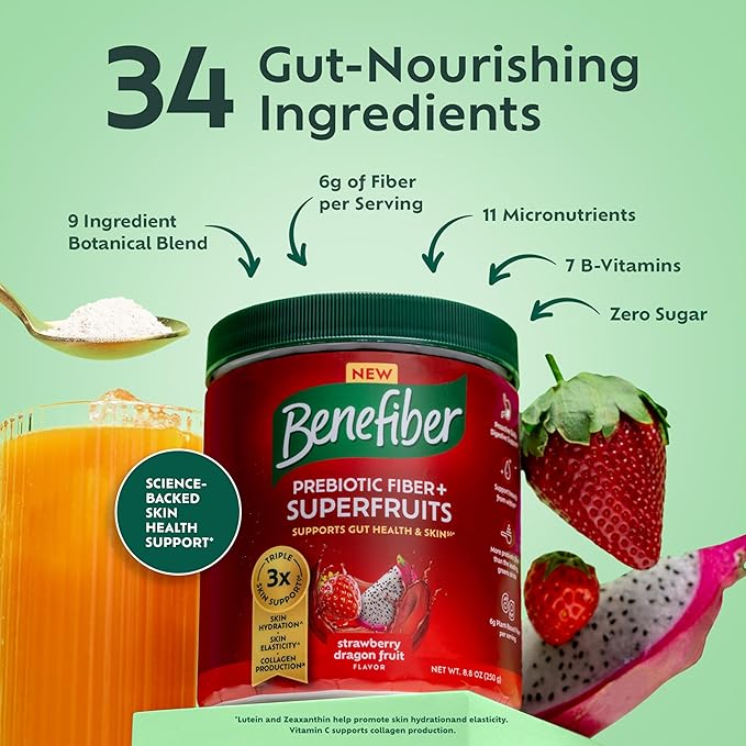 Benefiber Prebiotic Fiber + Superfruits Dietary Supplement, Strawberry Dragon Fruit Flavor, 8.8 oz (250g), 25 Day Supply