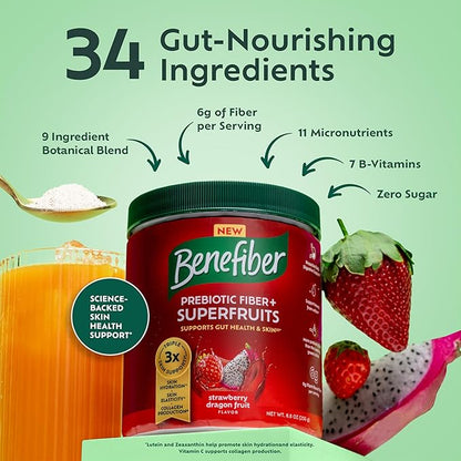 Benefiber Prebiotic Fiber + Superfruits Dietary Supplement, Strawberry Dragon Fruit Flavor, 8.8 oz (250g), 25 Day Supply