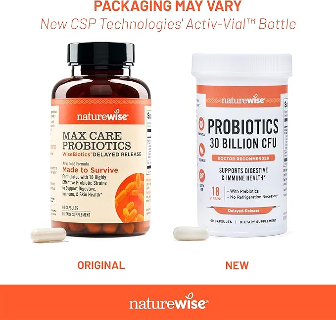 NatureWise Max Probiotics for Women & Men - 30 Billion CFU 18 Strains With Prebiotics - For Gut & Digestive Health - Delayed-Release Capsules, Gluten Free - 60 Capsules[2-Month Supply]