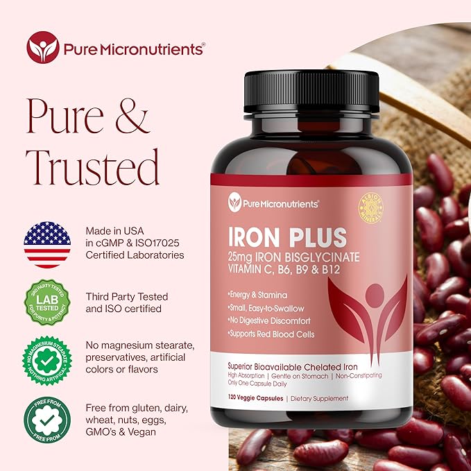 Iron Supplement for Women - Gentle Chelate Iron Bisglycinate 25mg with Vitamin C, B6, B12 Folic Acid – Supports Iron Deficiency, Menstrual Health & Energy - 120 Count