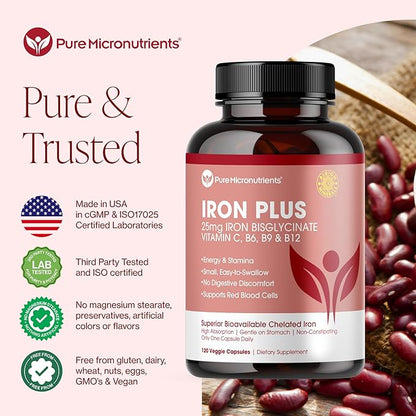 Iron Supplement for Women - Gentle Chelate Iron Bisglycinate 25mg with Vitamin C, B6, B12 Folic Acid – Supports Iron Deficiency, Menstrual Health & Energy - 120 Count