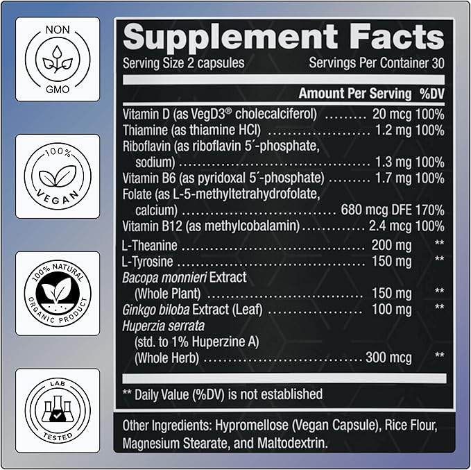 11-in-1 Methylated B-Complex Supplement: 680mcg L-Methylfolate(5-MTHF) Thiamine(B1) Riboflavin(B2) Pyridoxal(B6) Methylcobalamin(B12) - VegD3® + Nootropics - 1,100mg+ Serving - 60 Count