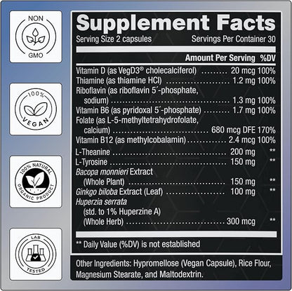 11-in-1 Methylated B-Complex Supplement: 680mcg L-Methylfolate(5-MTHF) Thiamine(B1) Riboflavin(B2) Pyridoxal(B6) Methylcobalamin(B12) - VegD3® + Nootropics - 1,100mg+ Serving - 60 Count