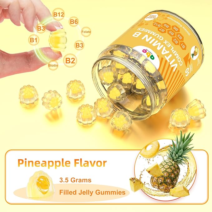 Vitamin B Complex Gummies for Adult Kid-Pineapple Flavor-Chewable Supplement with 8 Essential B Vitamins (B1, B2, B3, B5, B6, B7, B9, B12) Supports Energy,Metabolism & Mood,Non GMO,Vegan 60 Count