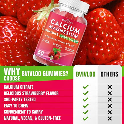 Calcium Gummies 1000mg with Vitamin D3 K2 & B Complex, Potassium, Calcium Magnesium Zinc Gummies for Bone, Muscle, Mood and Immunity - Vegan, Non-GMO, Strawberry Flavor 60 Count