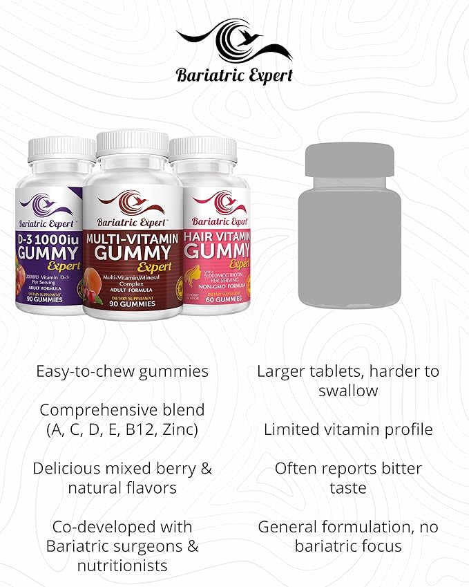 Bariatric Multivitamin 3 Pack, Multivitamin Gummy 90 Chews. - D3 Gummy 90 Chews.- Hair Vitamin Gummy 60 Chews.