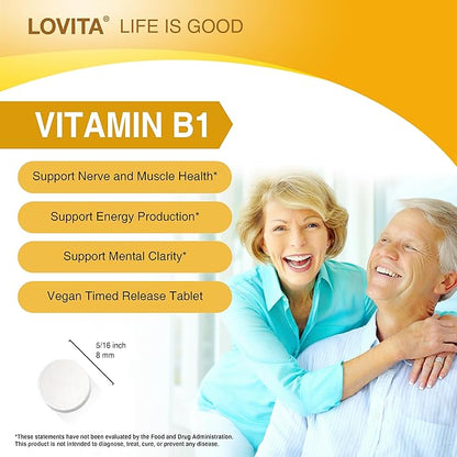 Lovita Vitamin B1 (Thiamine) 50mg, Timed Release, 8 Hours Sustained, with Vitamin B12 100mcg, Support Metabolism & Nerve Health, 130 Vegan Tablet
