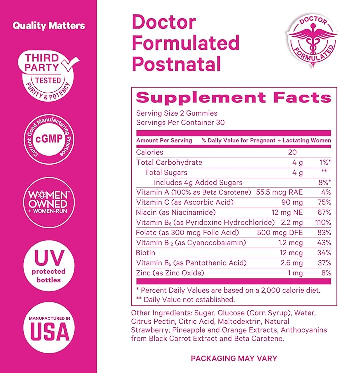 Pink Stork Total Postnatal Vitamin Gummies - Multivitamin for Postpartum Recovery and Lactation Support - Folic Acid, B6, & Vitamin C - Breastfeeding Essentials - 60 Gummy Vitamins