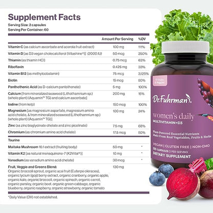 Dr. Fuhrman 2 Month Supply Multivitamin for Women + D3 Vitamin for Immune Support | Vegan Formula Womens Multivitamin with B12 & Zinc | Whole Food multivitamin with 17 Fruits & Veggies | Non GMO