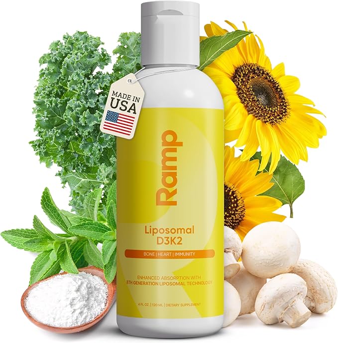 Liposomal D3K2 Liquid – Vegan, Non-GMO, High Absorption Vitamin D3 + K2 Supplement for Bone, Heart & Immune Support – 60 Servings