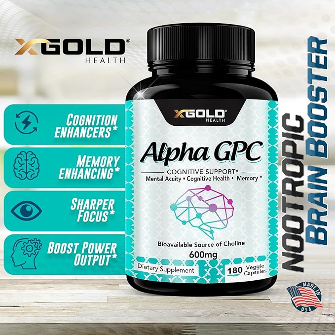 Alpha GPC Choline Supplement 600mg, 99%+ Highly Purified, Highly Bioavailable Source of Choline,180 Veggie Capsules, Cognitive Enhancer Nootropic, Supports Memory & Brain Function, Boosts Focus & Mood