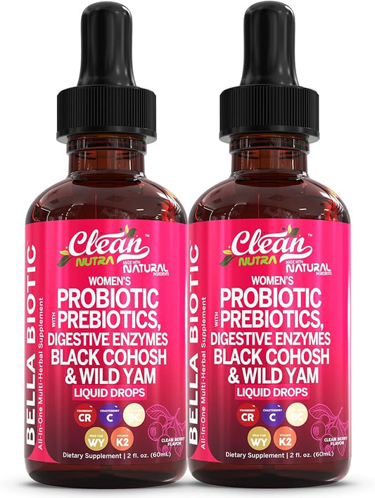 Liquid Probiotics for Women Drops with Chasteberry, Black Cohosh, Prebiotics, Digestive Enzymes, Evening Primrose Oil, Wild Yam, Cranberry Dmannose and Iron Vitamin D3 K2 Clean Nutra Bella Biotics (2)