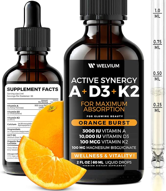 Liquid Vitamin D3 K2 Magnesium Liposomal Drops with 10000 IU Cholecalciferol, MK7, Vitamin A, Calcium, MCT Oil, Organic Sunflower Lecithin for Thyroid Immune Bone Heart Skin ADK Supplement