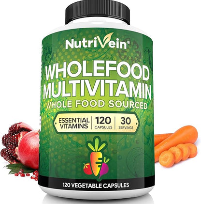 Nutrivein Whole Food Multivitamin for Men & Women – 120 Capsules – Daily Energy, Immune & Heart Support – Raw Fruit & Veggie Blend + B Vitamins