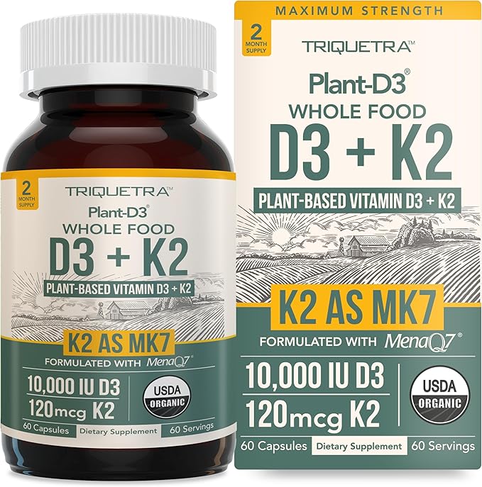 Organic Plant D3 + K2 | 10000 IU D3 + 120 mcg K2 as All-Trans MK7 from MenaQ7® - 100% Whole Food, Raw & Vegan | Enhanced Digestion with Prebiotic & Superfood Complex – D3 from Organic Algae (60 Count)