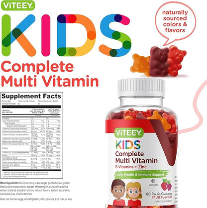 Viteey Kids Multivitamin Gummies, Complete Daily Essential Kids Vitamins - Great for Immune Support & Overall Health - 12 Essential Minerals & Vitamins - Vegetarian, Gelatin Free- Fruit Flavor Gummy