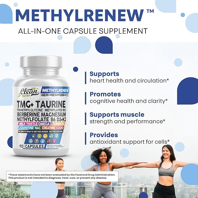 Clean Nutra TMG Trimethylglycine Supplement 1,000mg + Taurine Methylated Multivitamin for Women Men B6 B12 D3 K2 Magnesium Methylfolate Milk Thistle Omega 3 NAC L Carnitine COQ10 B Complex Vitamin