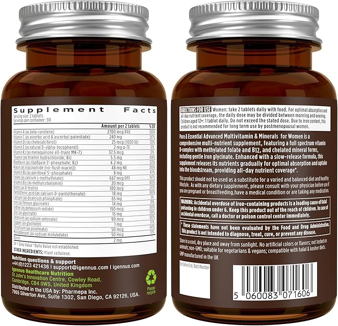 Igennus High Potency Methylated Multivitamin for Women, Pure & Clean Ingredients, MTHFR Supplement with Active B-Vitamins, Vitamin K2 MK7, Gentle Iron, Sustained Released, Non-GMO & Halal, 180 Tablets