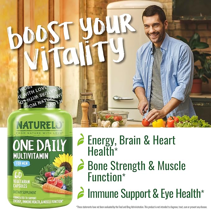 NATURELO Mens Multivitamins - One Daily Multivitamin for Men with Vitamins, Minerals & Organic Whole Foods, Boost Energy & Health, Non-GMO, 60 Vegetarian Capsules
