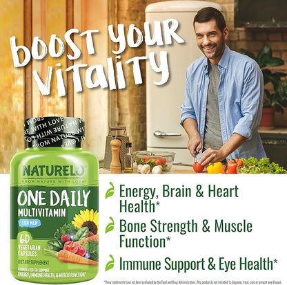 NATURELO Mens Multivitamins - One Daily Multivitamin for Men with Vitamins, Minerals & Organic Whole Foods, Boost Energy & Health, Non-GMO, 60 Vegetarian Capsules