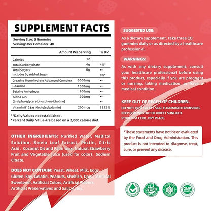 Creatine Monohydrate Gummies Complex for Men & Women - 120 Gummies Advanced Formula, L-Taurine + Vitamin B12 for Muscle Strength, Muscle Builder, Energy Boost, Pre-Workout Supplement-Strawberry