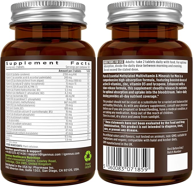 Igennus Methylated Men's Multivitamin with 22 Actives, All-Day Nutrient Delivery, Pure & Clean, Methylfolate & Methylcobalamin, High Strength MTHFR Supplement, Non-GMO & Halal, 180 Tablets