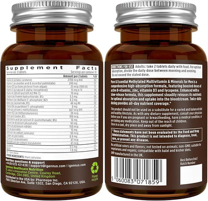 Igennus Methylated Men's Multivitamin with 22 Actives, All-Day Nutrient Delivery, Pure & Clean, Methylfolate & Methylcobalamin, High Strength MTHFR Supplement, Non-GMO & Halal, 180 Tablets