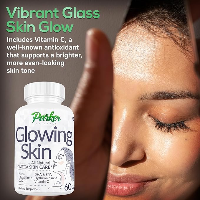 Glowing Skin Supplement - Biotin, Glutathione, Hyaluronic Acid, DHA/EPA Omega 3 Fish Oil, CoQ10, Vitamin C, All Natural Skin Care Supplement, 60 Caps