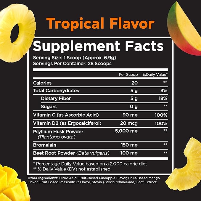 Pinch Magic Sugar Free Fiber Powder – Light Tropical Flavor Psyllium Husk with Bromelain & Vitamins C & D – Vegan, Gluten-Free, Clean Label, USA-Made, GMP-Certified – 28-Day Supply
